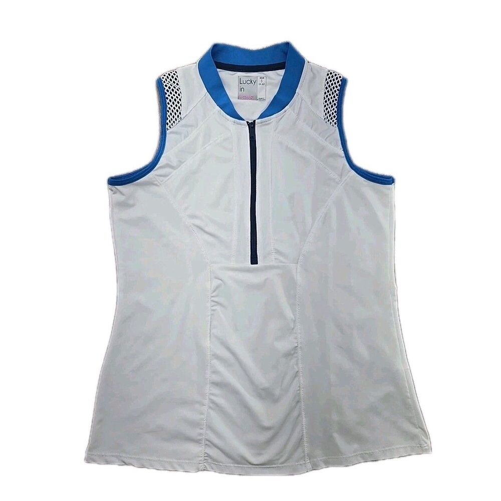 Lucky in Love Women's Small 4-6 Atheltic Tank 1/4 Zip White Blue Mock Neck